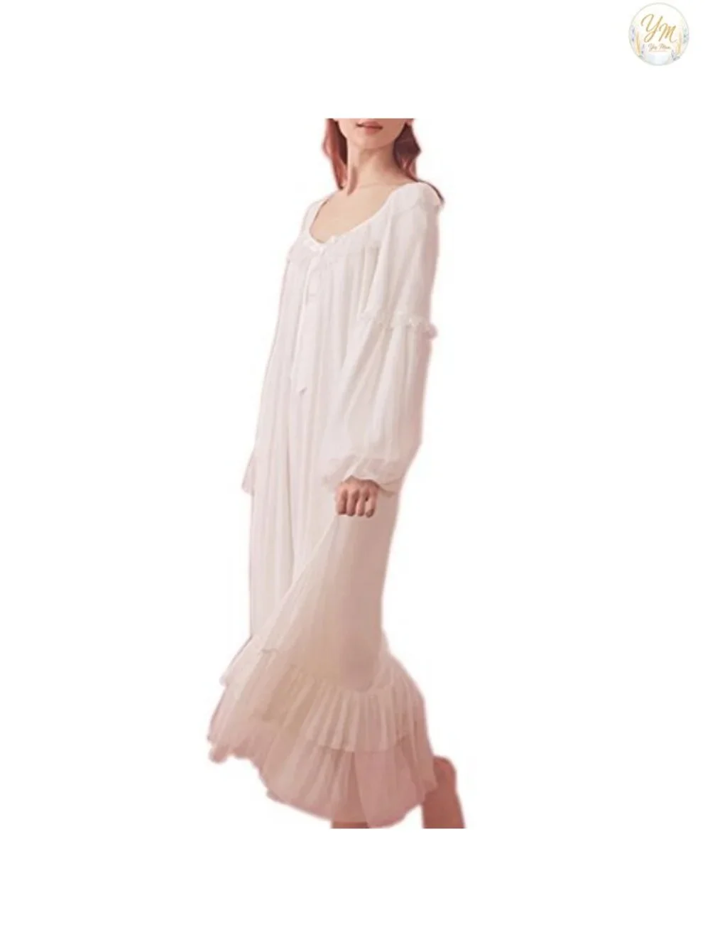 Vintage Victorian Nightgown Long Sleeve Sheer Sleepwear Pajamas Lounge Dress